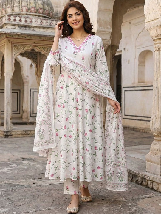 Women Floral Printed Panelled Pure Cotton Kurta with Trousers & With Dupatta