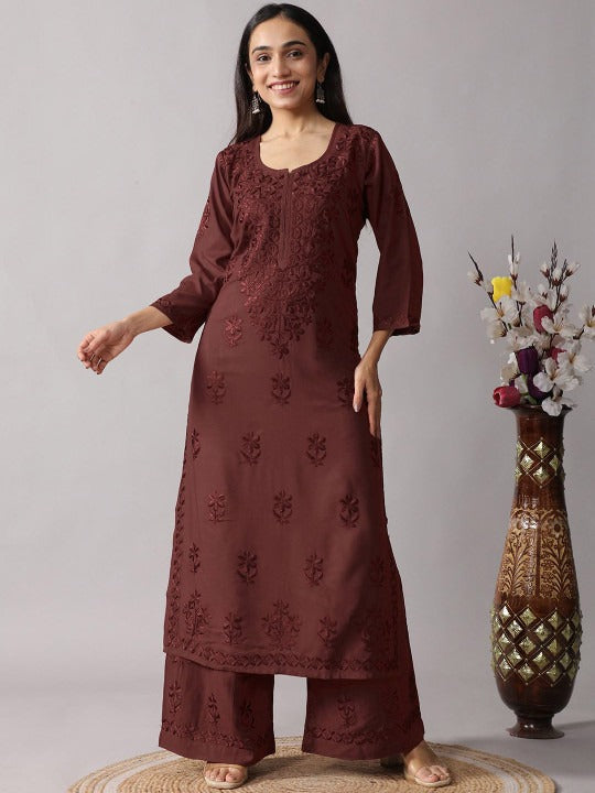 Floral Embroidered Chikankari Notch Neck Straight Kurta With Palazzos