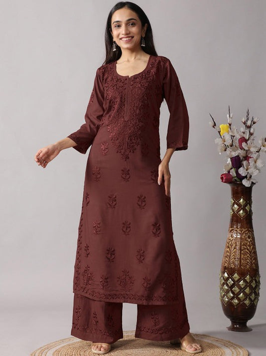 Floral Embroidered Chikankari Notch Neck Straight Kurta With Palazzos