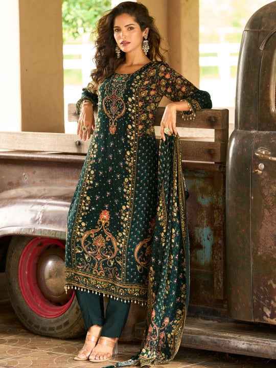 Women Ethnic Motifs Printed Regular Sequinned Silk Crepe Kurta with Trousers & With Dupatta