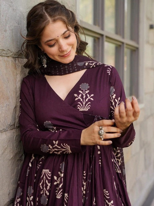 Women Floral Printed Angrakha Kurta with Palazzos & Dupatta