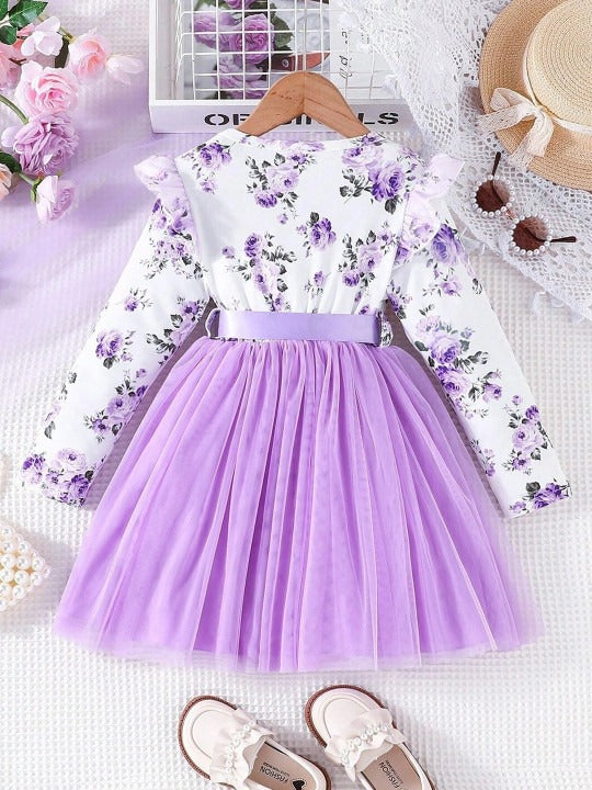 Girls Floral Print Full Sleeve Net Fit & Flare Dress