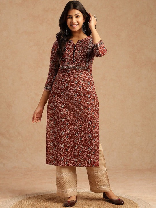Women Brown Floral Printed With Lace Work Straight Cotton Brown Stitched Kurta