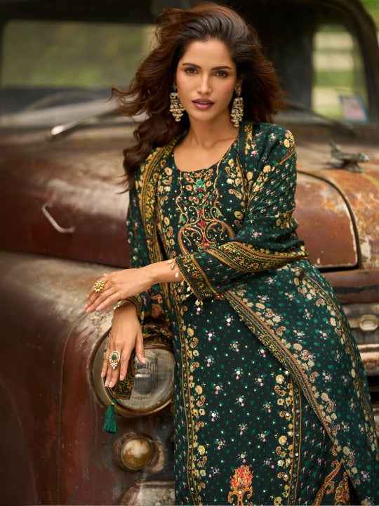 Women Ethnic Motifs Printed Regular Sequinned Silk Crepe Kurta with Trousers & With Dupatta