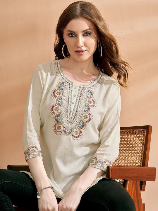 Ethnic Motifs Embroidered Thread Work Pure Cotton Thread Work Kurti
