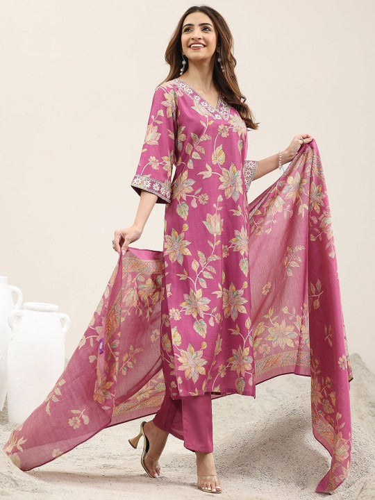 Women Floral Printed Regular Kurta with Trousers & Dupatta