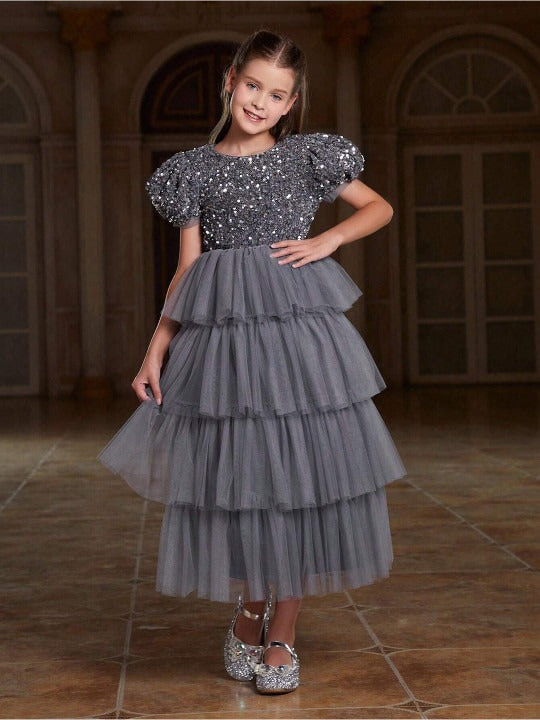Girls Embellished Puff Sleeve Layered Net Fit and Flare Maxi Dress