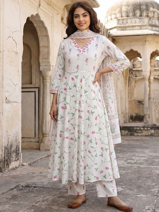 Women Floral Printed Panelled Pure Cotton Kurta with Trousers & With Dupatta
