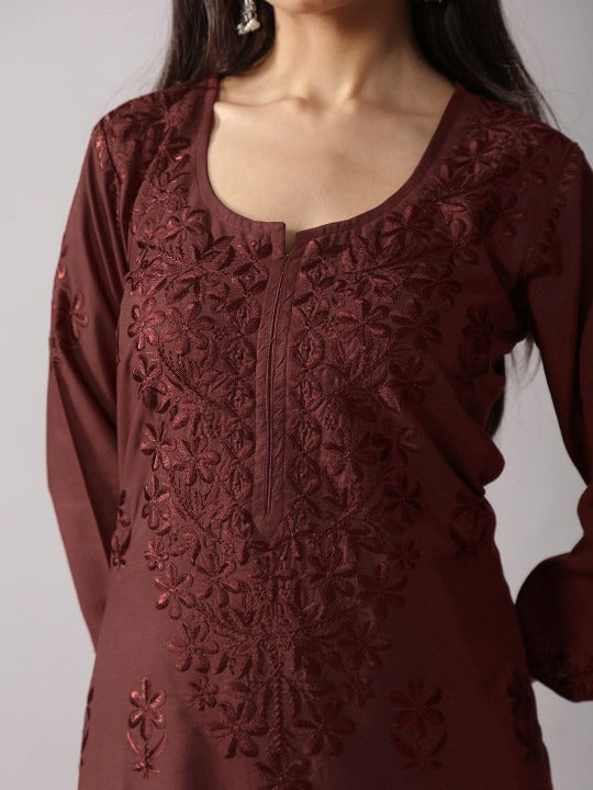 Floral Embroidered Chikankari Notch Neck Straight Kurta With Palazzos