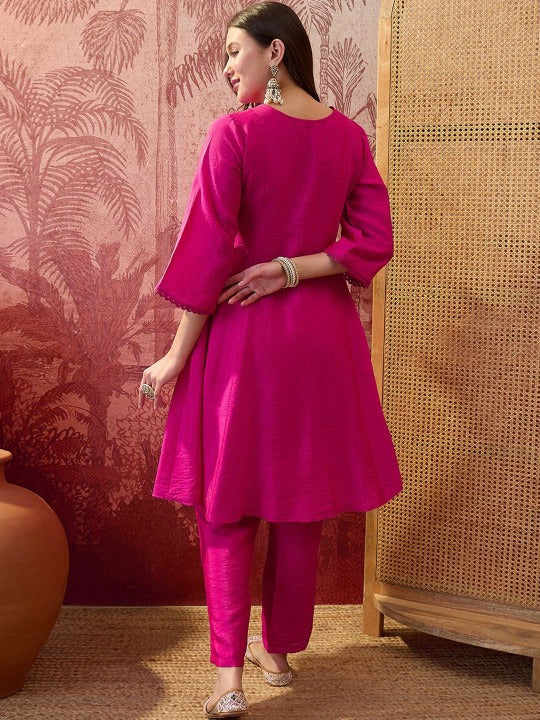 Embroidered Round Neck A-Line Kurta With Trousers