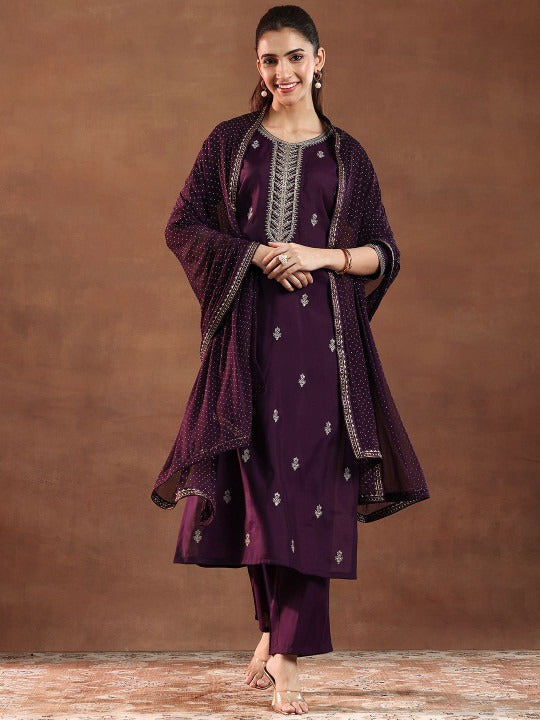 Women Floral Embroidered Regular Kurta with Trousers & With Dupatta