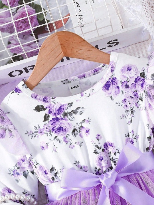 Girls Floral Print Full Sleeve Net Fit & Flare Dress