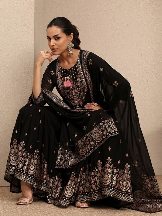 Women Ethnic Motifs Embroidered Regular Thread Work Kurta with Sharara & With Dupatta