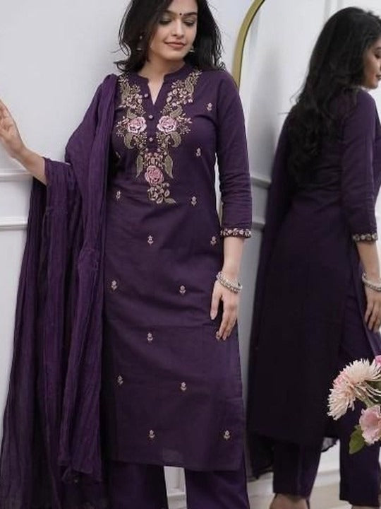Women Floral Embroidered Regular Thread Work Pure Cotton Kurta with Trousers & With Dupatta