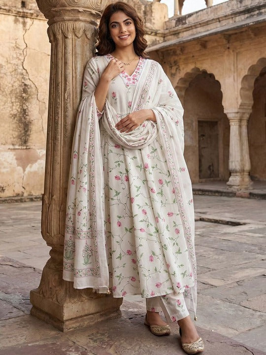 Women Floral Printed Panelled Pure Cotton Kurta with Trousers & With Dupatta