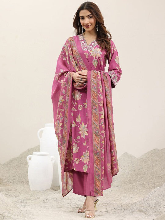 Women Floral Printed Regular Kurta with Trousers & Dupatta