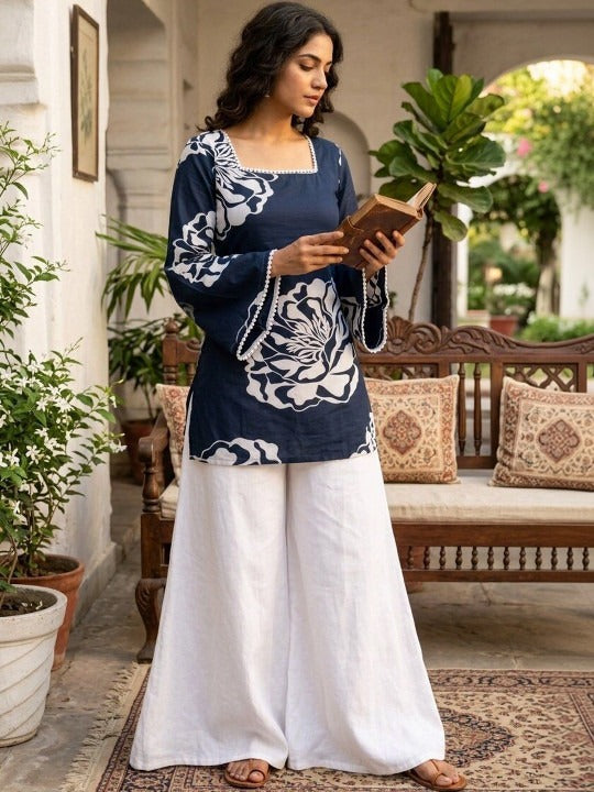 Floral Printed Square Neck Flared Sleeves Pure Cotton Kurti