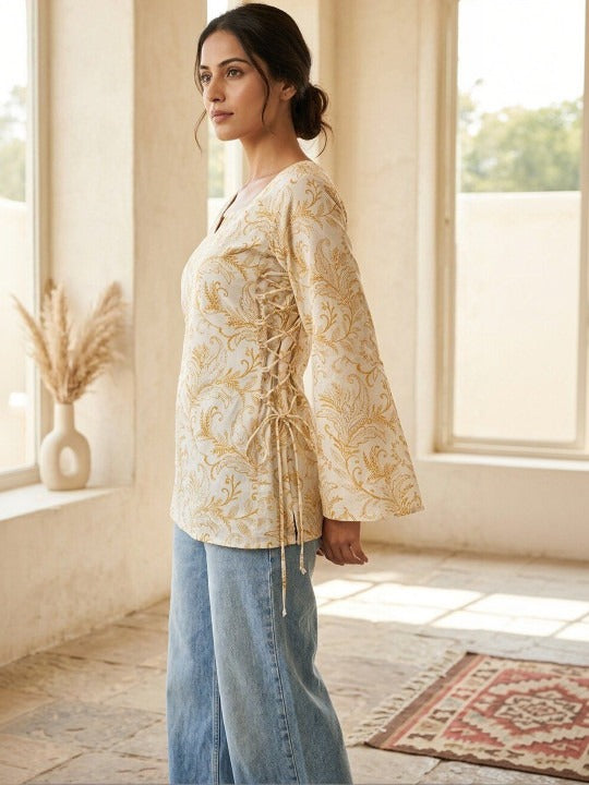 Paisley Printed Square Neck Flared Sleeves Pure Cotton Kurti