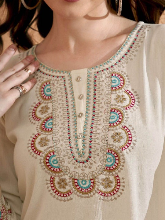 Ethnic Motifs Embroidered Thread Work Pure Cotton Thread Work Kurti