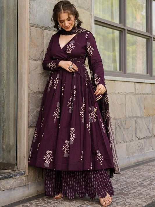 Women Floral Printed Angrakha Kurta with Palazzos & Dupatta