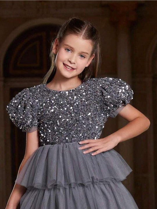 Girls Embellished Puff Sleeve Layered Net Fit and Flare Maxi Dress