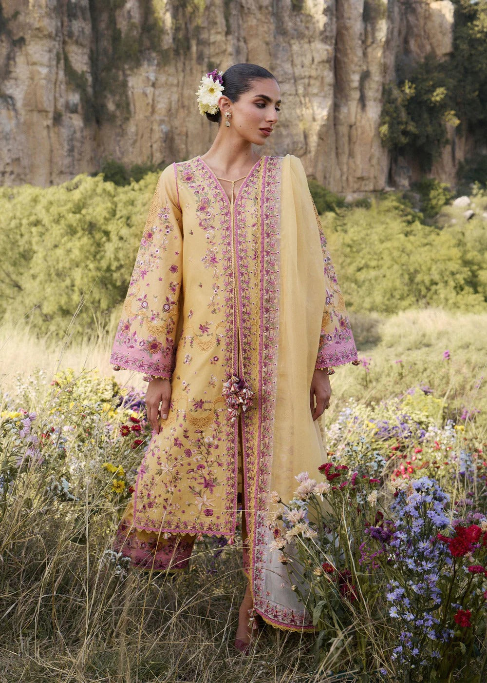 Women’s Luxury Embroidered Lawn Suit with Dupatta – Yellow Pink