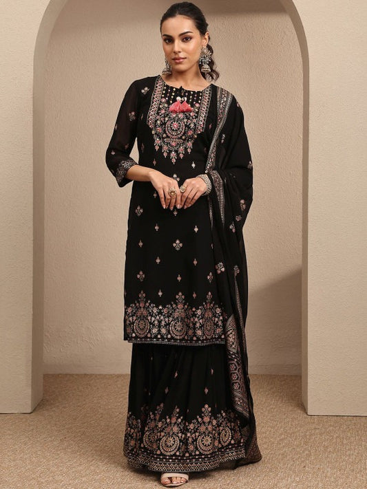 Women Ethnic Motifs Embroidered Regular Thread Work Kurta with Sharara & With Dupatta