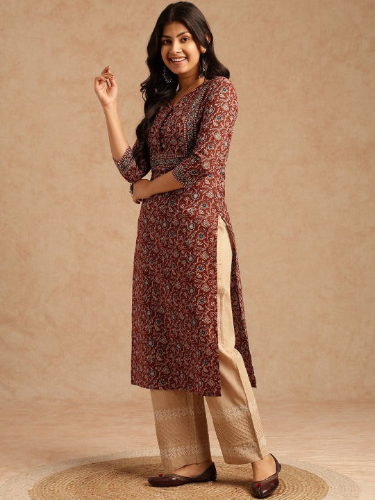 Women Brown Floral Printed With Lace Work Straight Cotton Brown Stitched Kurta