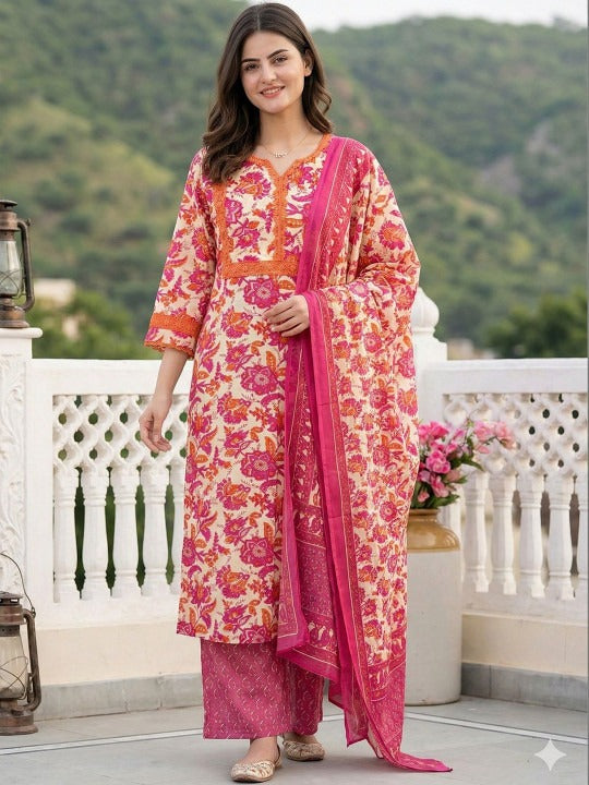 A woman models a traditional Indian salwar kameez suit set featuring a pink and orange floral print kurta, matching pink trousers, and a pink dupatta, set against a background of a white balcony railing and green hills.