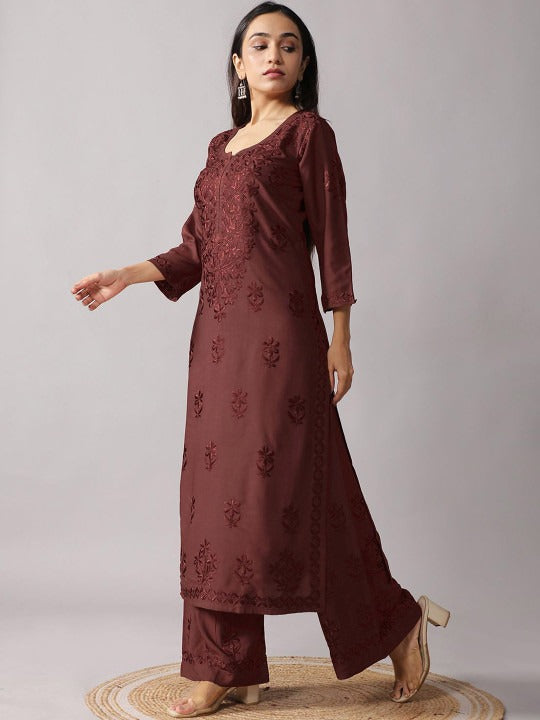 Floral Embroidered Chikankari Notch Neck Straight Kurta With Palazzos