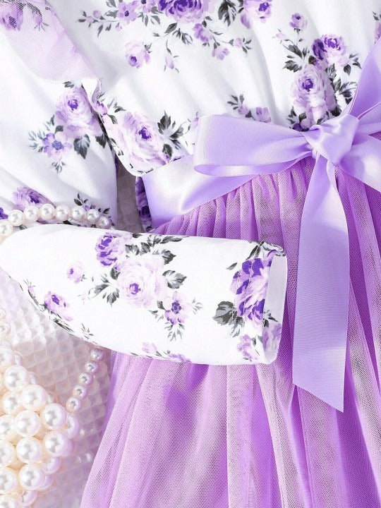 Girls Floral Print Full Sleeve Net Fit & Flare Dress
