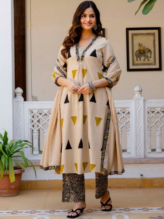 Women Printed Regular Thread Work Pure Cotton Kurta with Trousers & With Dupatta