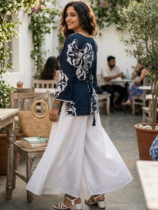 Floral Printed Square Neck Flared Sleeves Pure Cotton Kurti