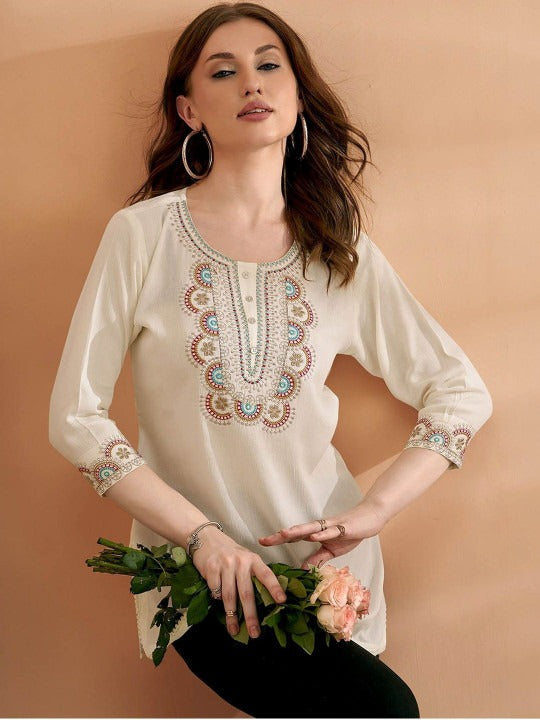 Ethnic Motifs Embroidered Thread Work Pure Cotton Thread Work Kurti