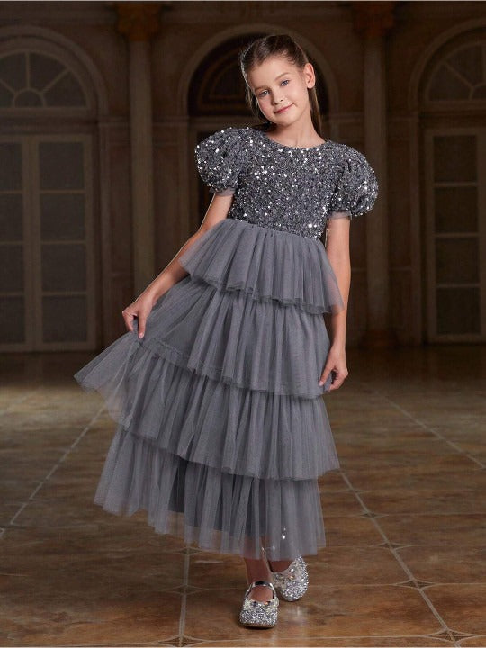 Girls Embellished Puff Sleeve Layered Net Fit and Flare Maxi Dress