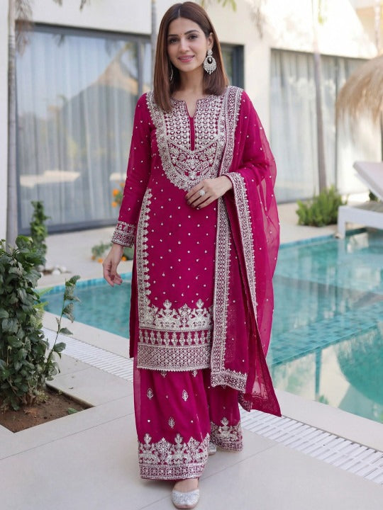Embroidered Round Neck Straight Kurta & Sharara With Dupatta