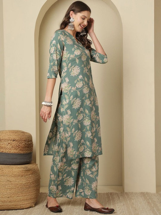 Floral Printed V Neck Pure Cotton Kurta With Palazzos