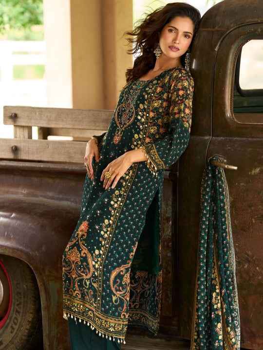Women Ethnic Motifs Printed Regular Sequinned Silk Crepe Kurta with Trousers & With Dupatta
