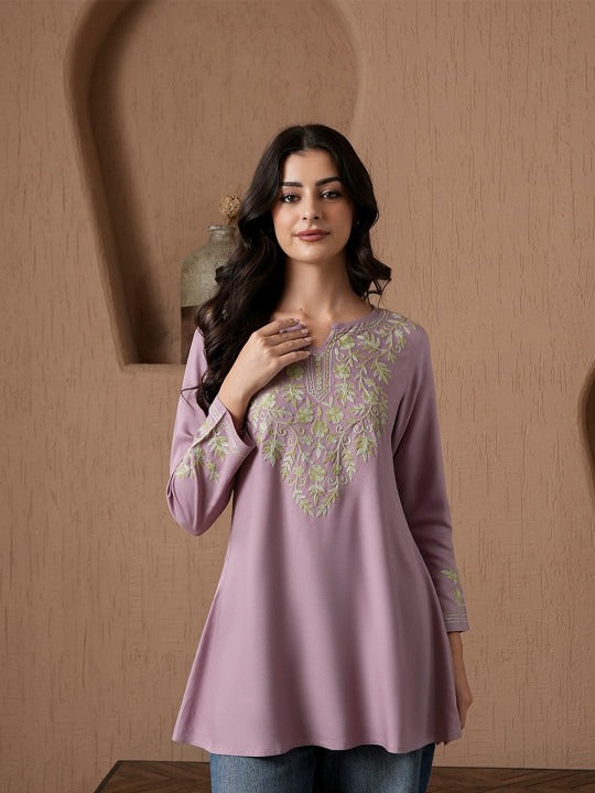 Qazmi Kashmiri Aari Work Viscose Rayon A-Line Flared Kurti