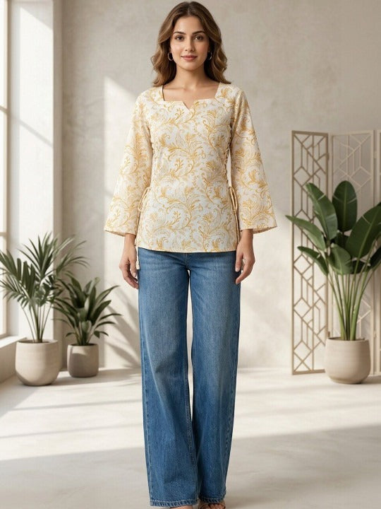 Paisley Printed Square Neck Flared Sleeves Pure Cotton Kurti
