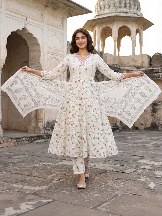 Women Floral Printed Panelled Pure Cotton Kurta with Trousers & With Dupatta