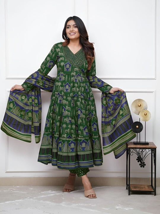 Women Ethnic Motifs Printed Empire Thread Work Kurta with Trousers & With Dupatta