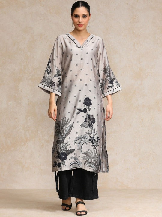 Varanga Floral Printed Flared Sleeves Straight Chanderi Cotton Kurta