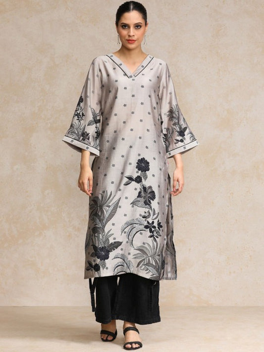 Varanga Floral Printed Flared Sleeves Straight Chanderi Cotton Kurta