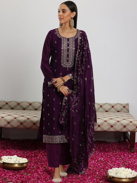Women Floral Embroidered Regular Sequinned Kurta with Trousers & With Dupatta