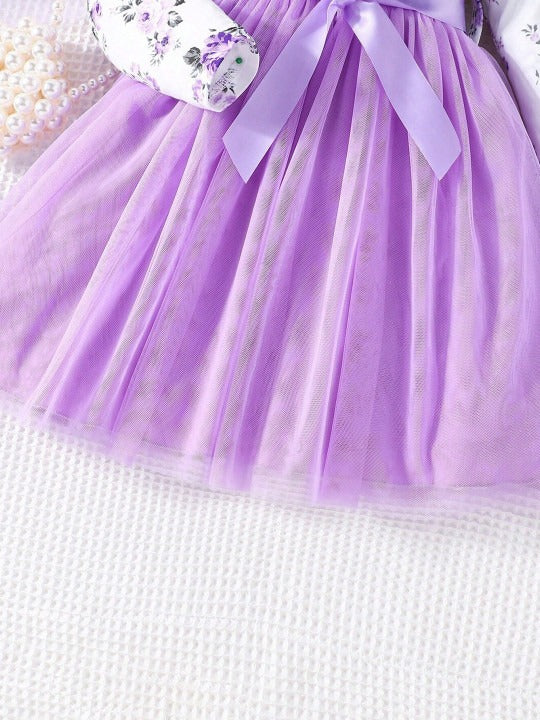 Girls Floral Print Full Sleeve Net Fit & Flare Dress