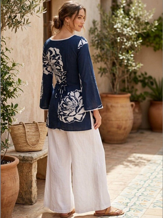 Floral Printed Square Neck Flared Sleeves Pure Cotton Kurti