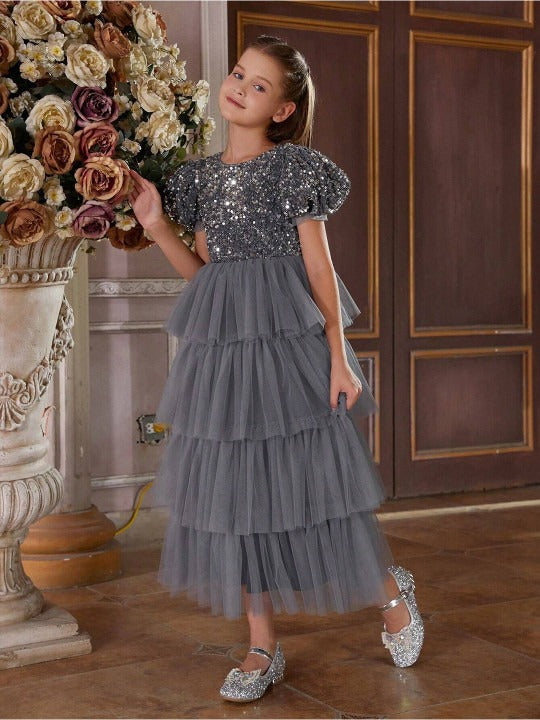 Girls Embellished Puff Sleeve Layered Net Fit and Flare Maxi Dress
