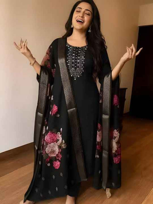 Women Floral Embroidered Regular Thread Work Kurta with Palazzos & With Dupatta