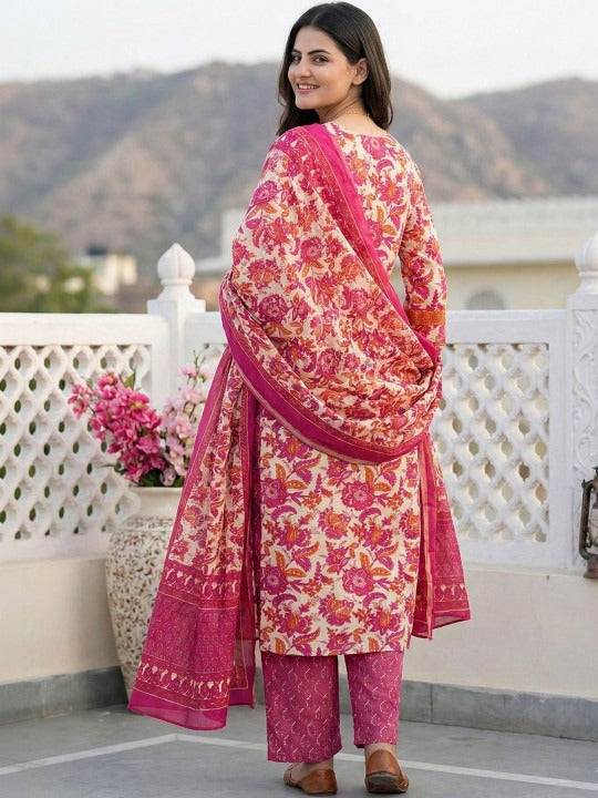 Women Floral Printed Regular Pure Cotton Kurta with Palazzos & With Dupatta